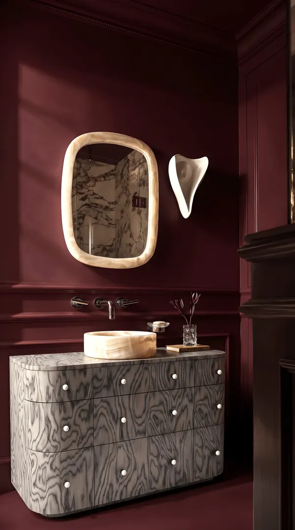 Desenli ahşap kaplamalı, oval aynalı banyo dolabı